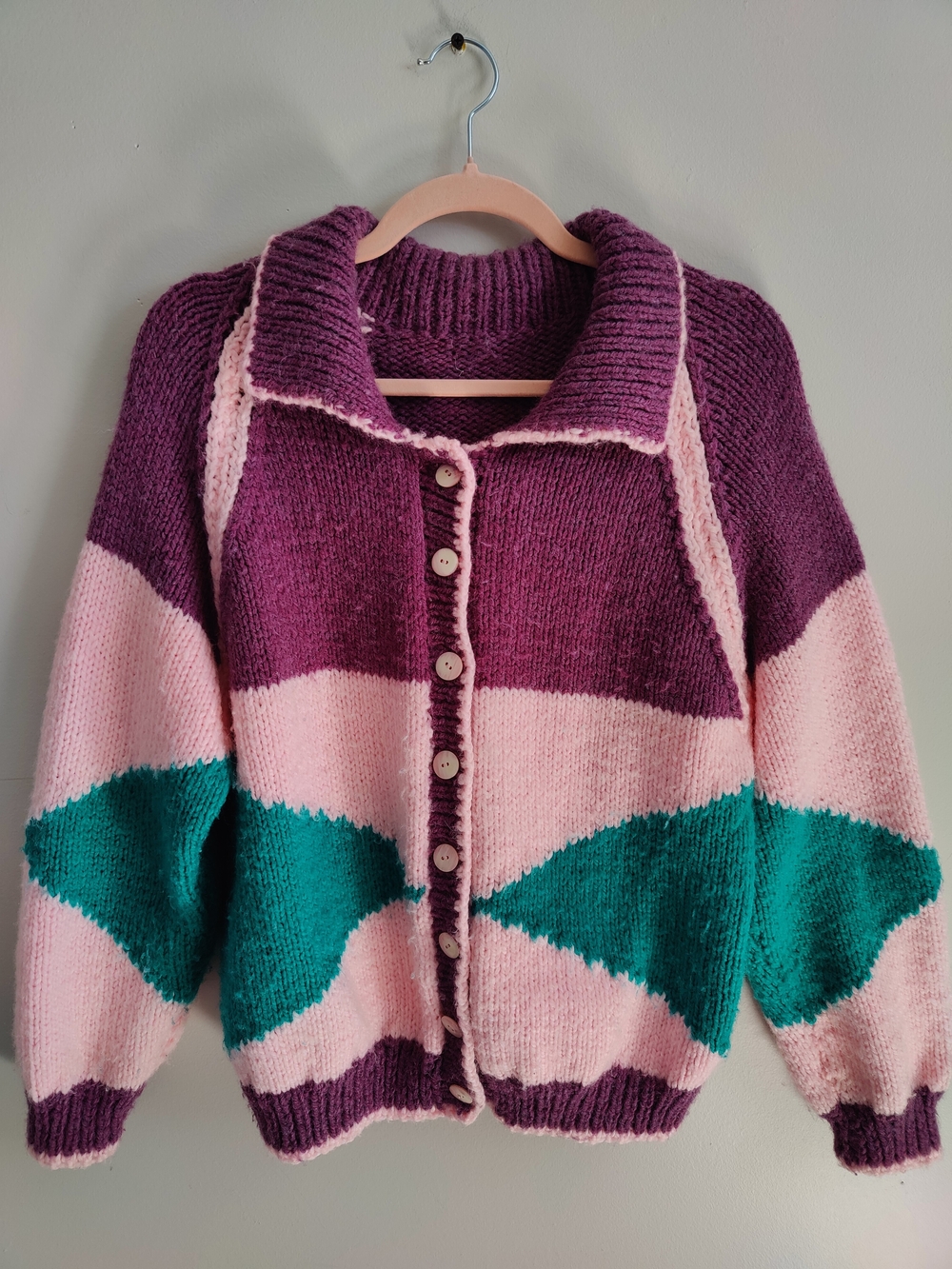Handknit Vintage Cozy Colorblock Button-Up Sweater Jacket - Purple, Pink & Teal